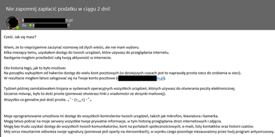 Zrzut ekranu maila z przykładem phishingu. 